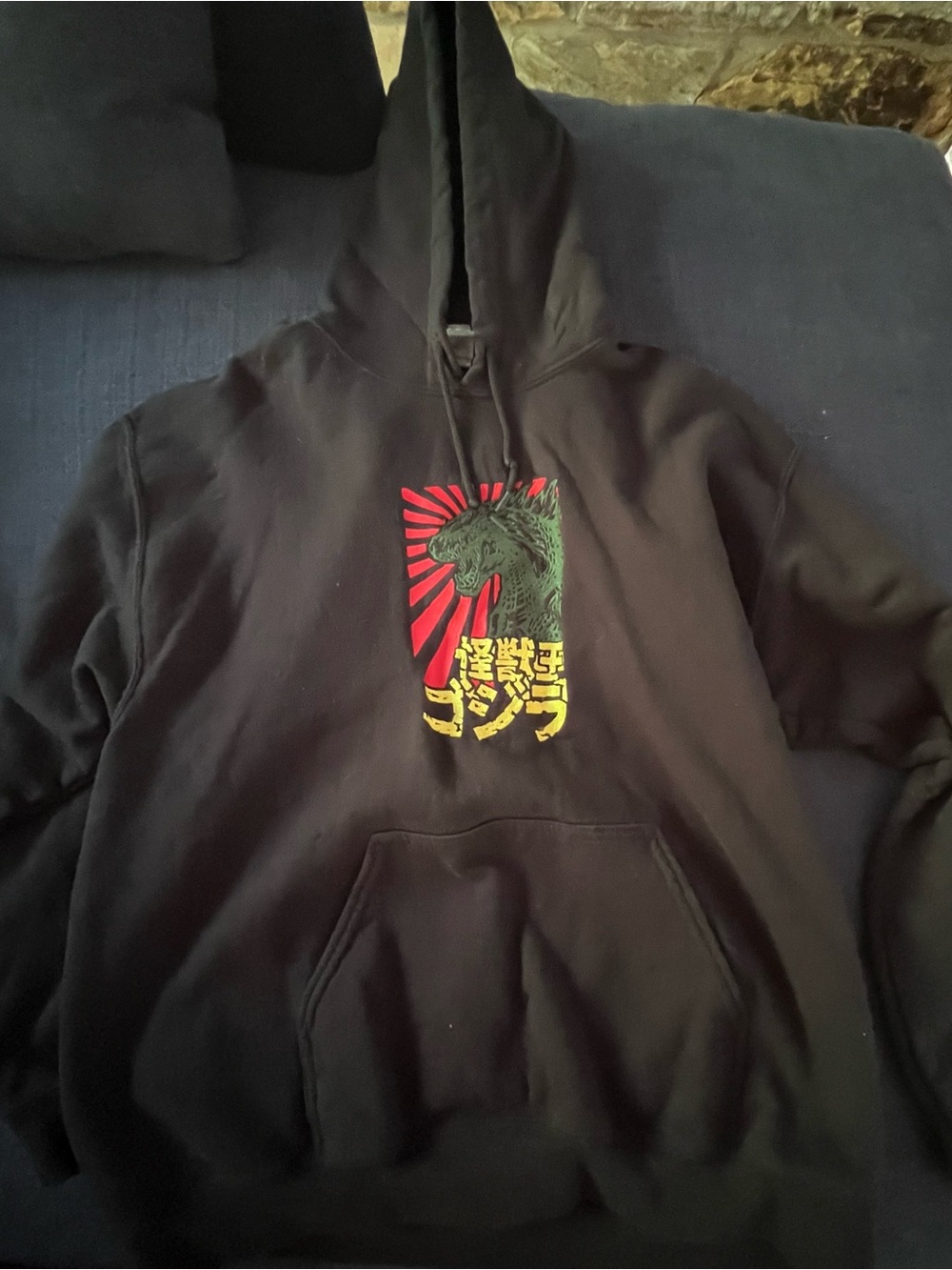 Gildan Black Hoodie with Embroidered Red, Green & Yellow Godzilla Graphic